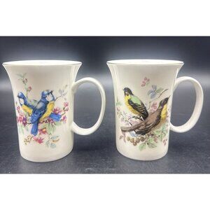 Gracie Bone China Colorful w/ Gold Trim Bird Coffee Tea Mugs Cups 10oz Set Of 2